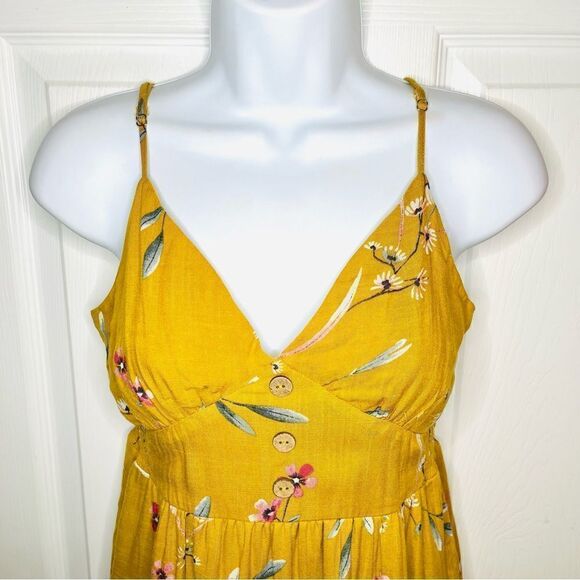 One Clothing Los Angeles Button Front Smocked Floral Midi Dress Mustard Yellow S - Picture 6 of 11